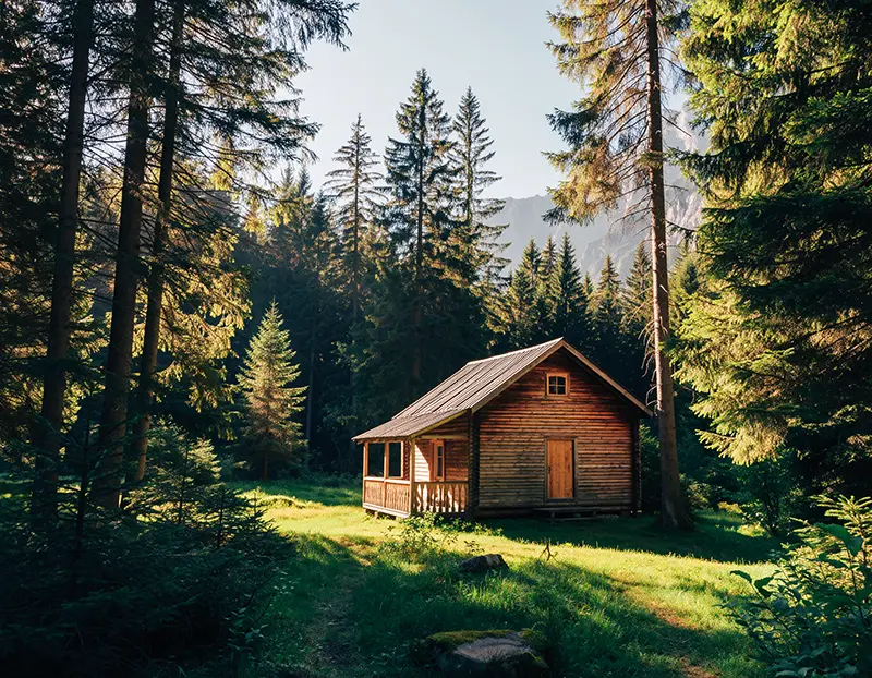 Holzhütte auf einer Lichtung im Wald, umgeben von hohen Nadelbäumen