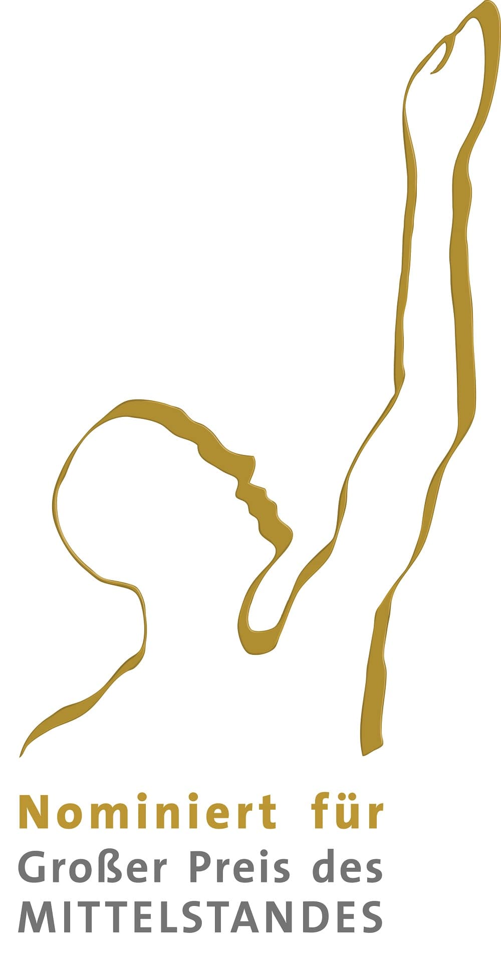 Logo aus goldener Silhouette und Text: Nominiert für Großen Preis des Mittelstands