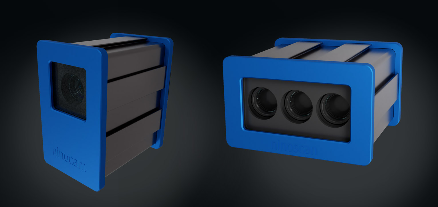 Produktfoto eines 3D-Scanners mit blauer Front vor einem schwarzen Hintergrund.