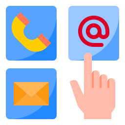 Icon mit Symbolen für Telefon Mail und @ und einem Finger, der auf das @ zeigt.