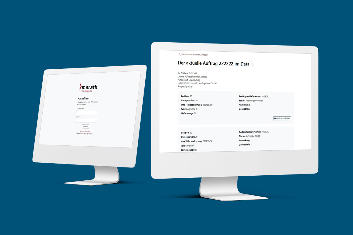 Zwei Bildschirme vor einem blauen Hintergrund auf denen Screenshots des merath Kundenportal abgebildet sind.