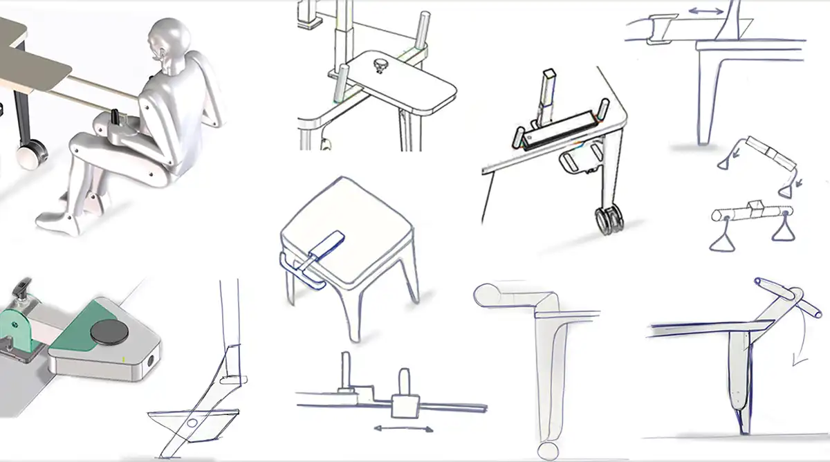 Bleistift-Skizzen von verschiedenen Übungsgeräten für den Plaudertisch