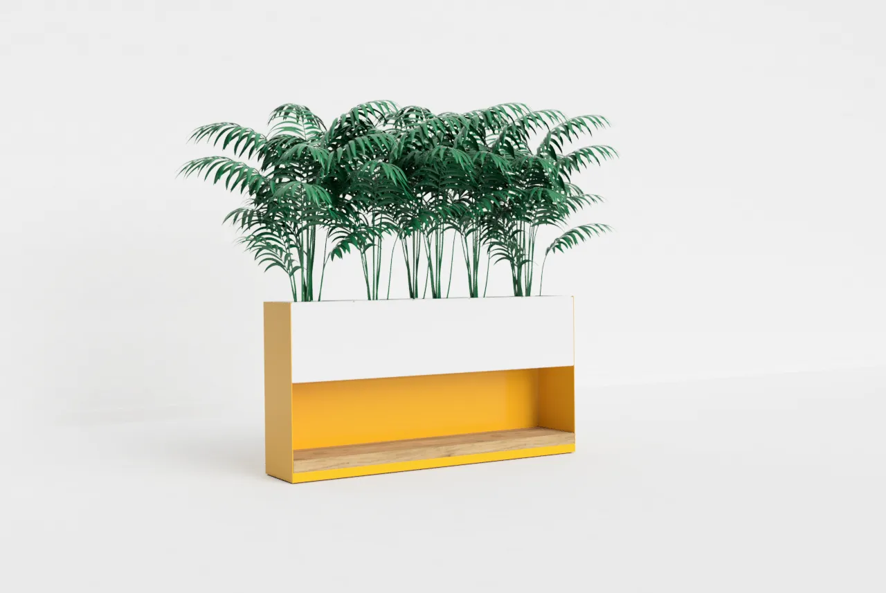 Design-Pflanzenbehälter aus Blech mit gelbem Korpus, weißer Front und einer Einlage aus Holz mit eingepflanzten Pflanzen.