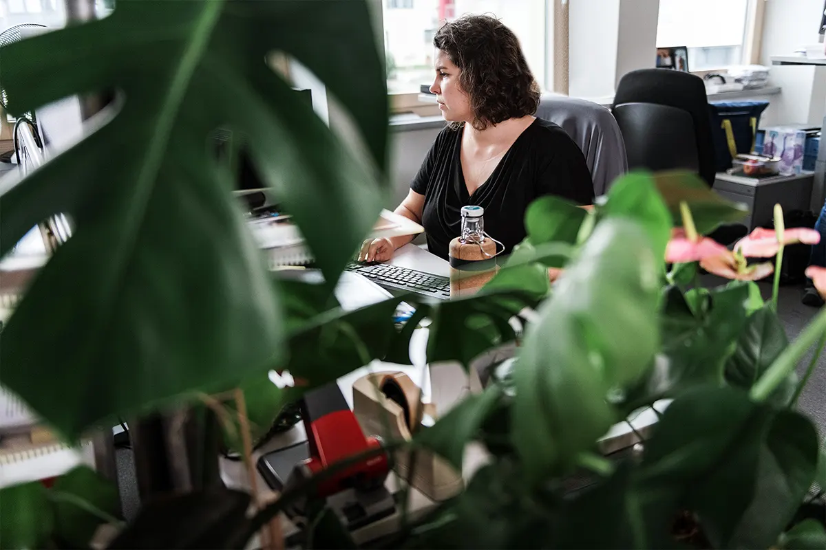 Blick durch die Pflanzen auf eine Mitarbeiterin im Büro
