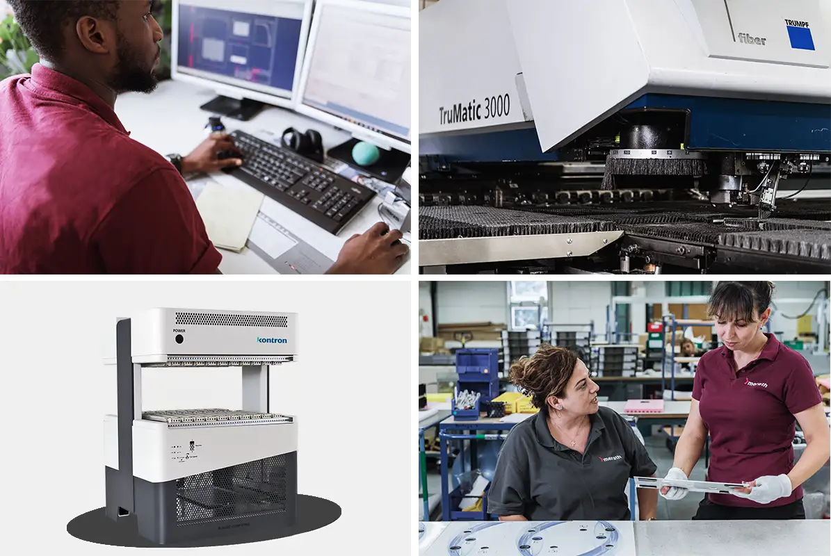 Collage verschiedener Schritte aus der industriellen Fertigung: Konstruktion, Maschinenbearbeitung, Gerätebau und Montage