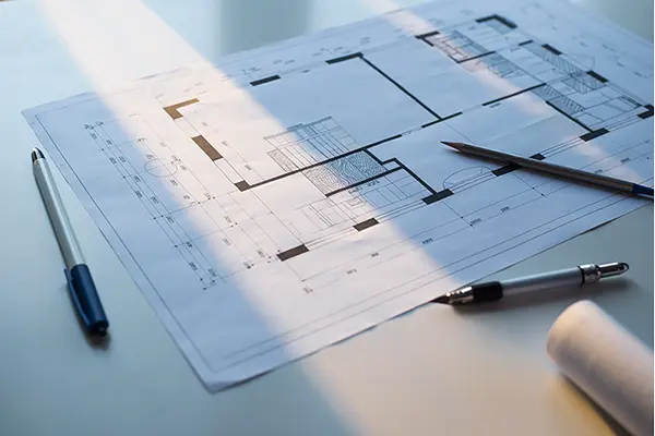 Architekturzeichnung eines Gebäudes auf einem Tisch, beleuchtet von einfallendem Sonnenlicht, daneben liegen Stifte und eine Papierrolle