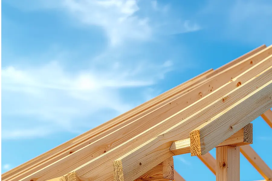 Holz-Dachkonstruktion eines Neubaus unter blauem Himmel